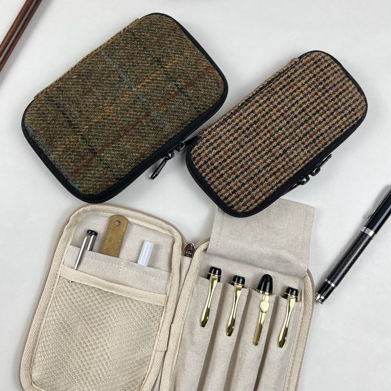 布邑哈里斯格纹粗花呢羊毛笔包四支装笔套钢笔套收纳包文具笔袋