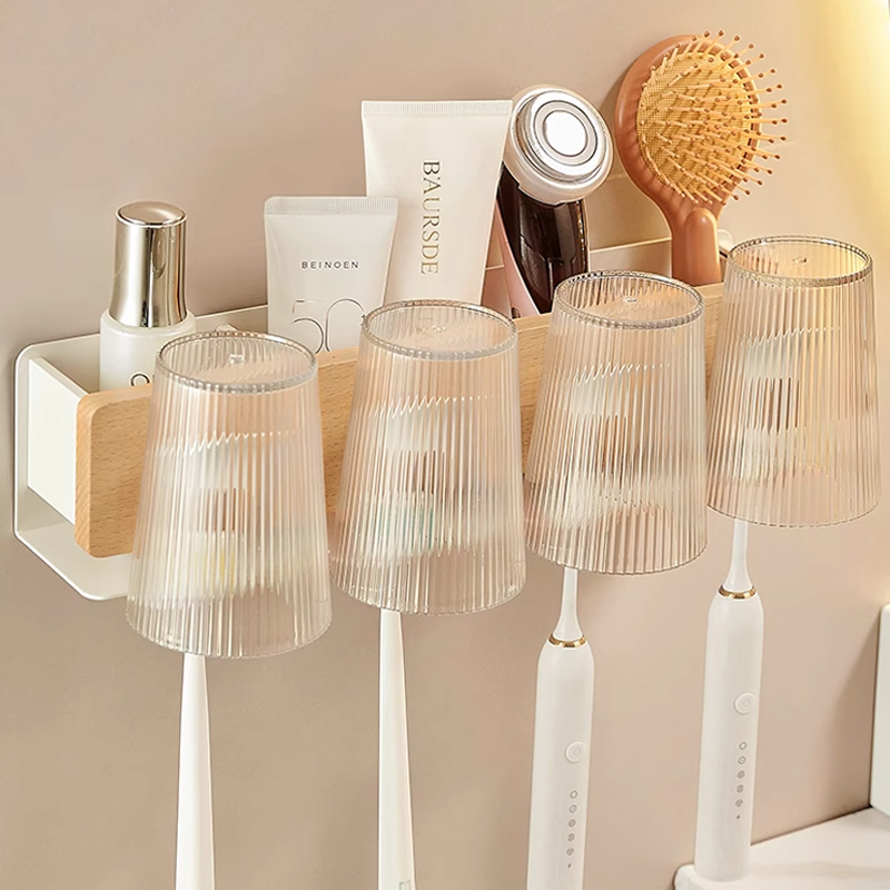 原木风牙刷牙杯置物架厕所化妆室免打孔架子浴室壁挂式洗漱台收纳