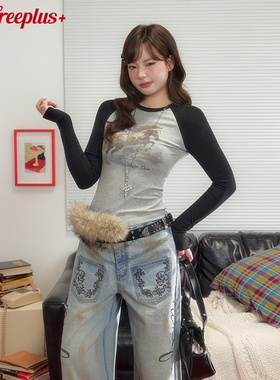 【25年秋】UNIFREEPLUS大码拼接正肩长袖T恤女复古修身显瘦上衣