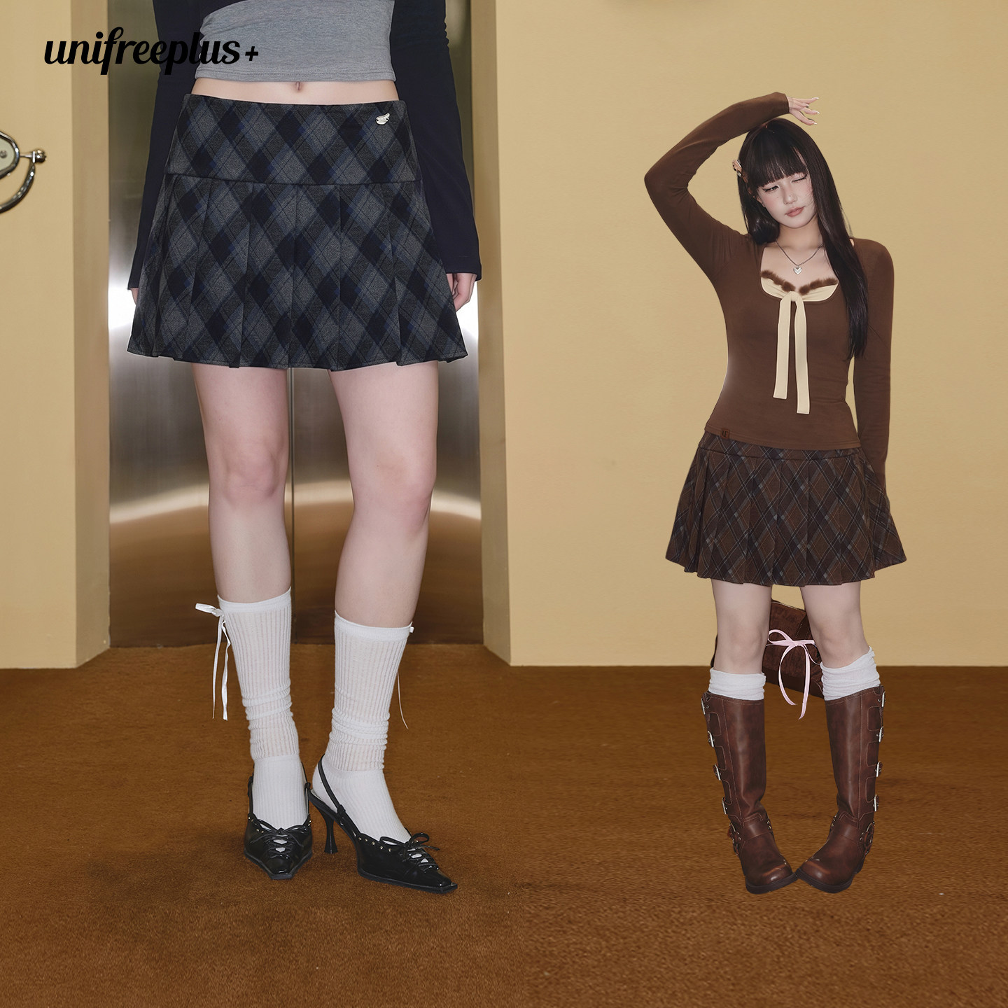 UNIFREEPLUS大码格纹学院风百褶半身裙女秋季修身A字显瘦百搭短裙
