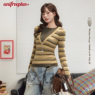 【25年秋】UNIFREEPLUS大码假两件条纹针织衫女显瘦内搭打底衫