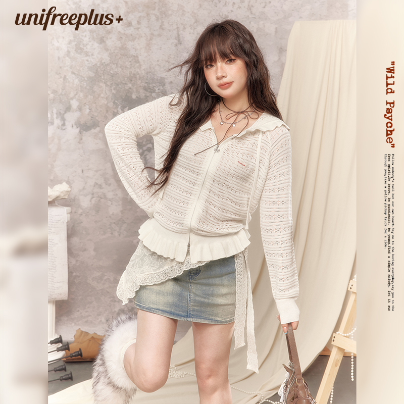 UNIFREEPLUS大码镂空连帽针织衫