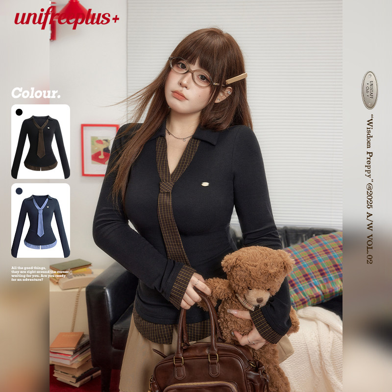 UNIFREEPLUS大码美式复古长袖T恤女海妖风假两件格纹拼接修身上衣