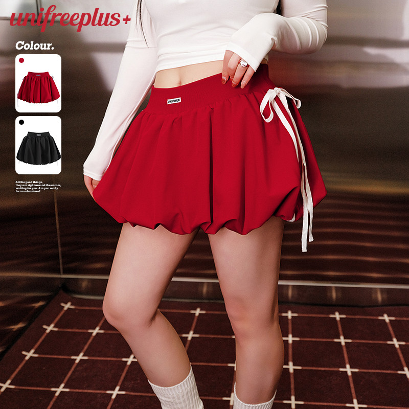 UNIFREEPLUS安可拉红花苞短裙大码女装蛋糕裙显瘦a字半身包臀裙