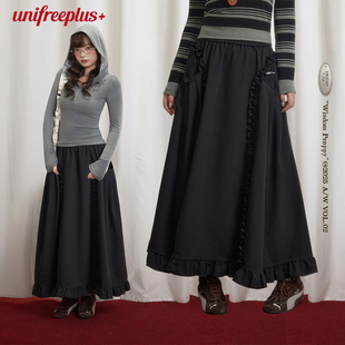 UNIFREEPLUS大码韩系黑色西装料半身裙A字版大裙摆长款重工裙子