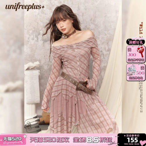 UNIFREEPLUS大码格纹长袖连衣裙