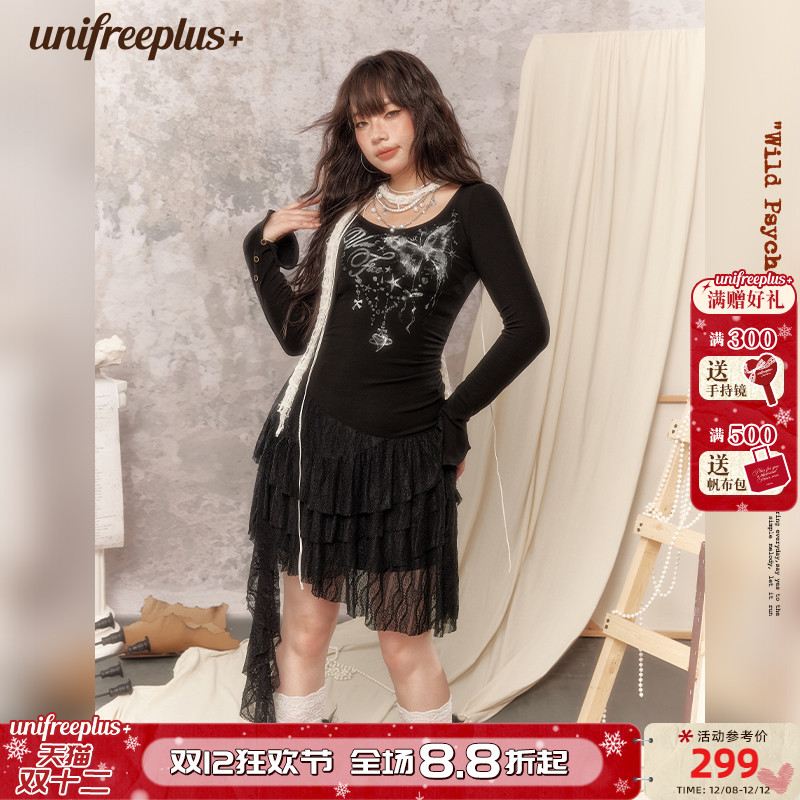UNIFREEPLUS大码黑色长袖连衣裙