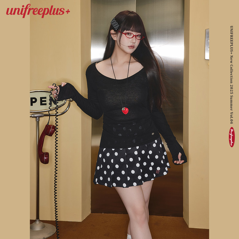 UNIFREEPLUS大码黑色波点半身裙图片