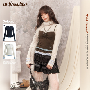 T恤显瘦裙边短款 辣妹风长袖 UNIFREEPLUS大码 正肩上衣 25年秋