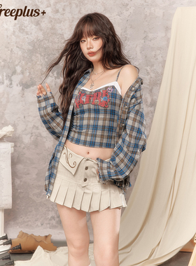 【25年秋】UNIFREEPLUS大码格纹长袖衬衫女宽松吊带两件套衬衣
