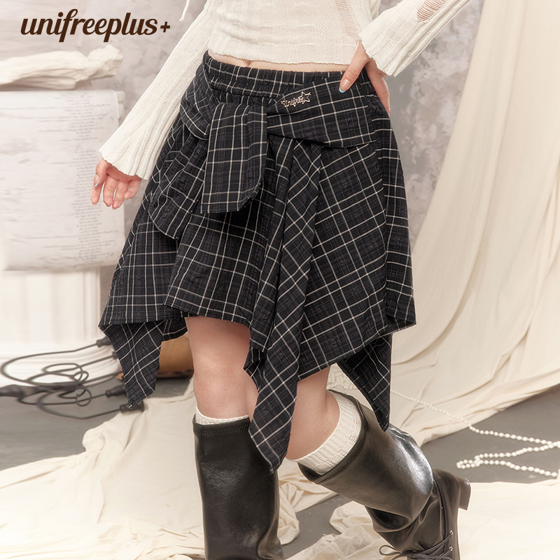 UNIFREEPLUS大码黑色格子半身裙