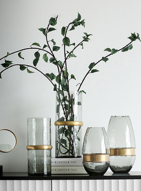 Best west 轻奢冷灰色金边透明玻璃花瓶 家居玄关客厅装饰品摆件