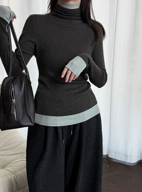 鹿西 感撞色高领打底针织衫女秋冬新款修身显瘦软糯上衣ss910