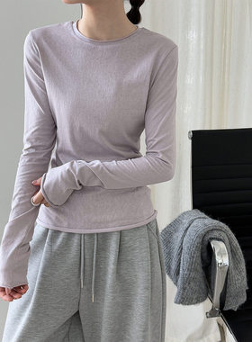 鹿西 韩系百搭卷边圆领T恤打底衫女秋季新款长袖内搭修身上衣2013