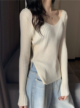 长袖针织衫女秋季2025新款修身打底衫设计感白色小众内搭V领上衣