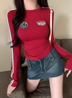 546 #实拍 40支纯棉（92棉/8氨纶） 2025秋装长袖T恤女绣花条纹上