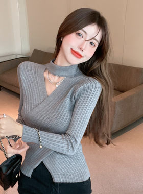 性感交叉挂脖毛衣女内搭秋冬设计感小众别致上衣洋气长袖针织衫春