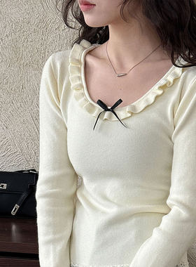 鹿西 韩系蕾丝拼接大U领内搭女秋冬修身显瘦蝴蝶结针织打底ss912