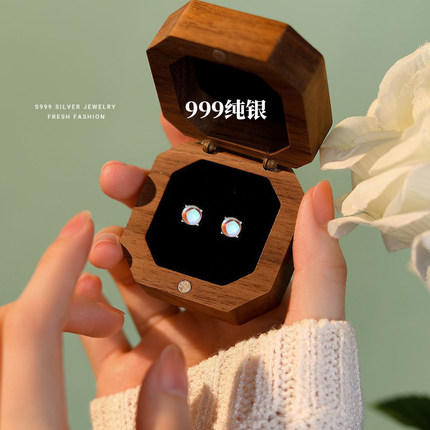 幻彩月光石s999纯银耳钉养耳洞睡觉不用摘足银耳饰女防发炎免摘