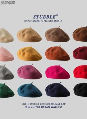 新日系文艺纯色羊毛女秋冬季英古画家帽休闲百搭蓓蕾帽紫色贝雷帽