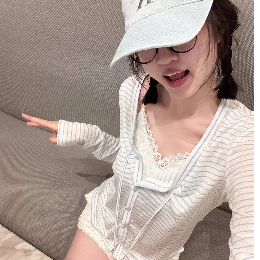 蓝色慵懒风条纹轻薄防晒开衫外套女夏季高级感超好看长袖罩衫上衣