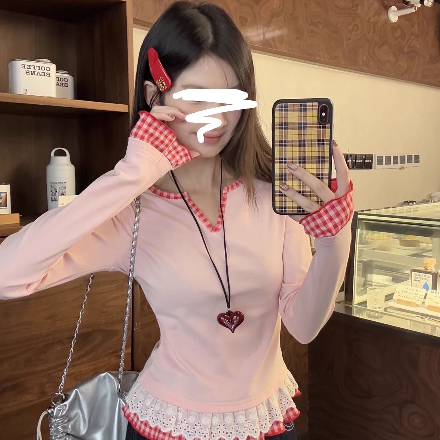 粉色假两件长袖T恤女春秋蕾丝拼接格子内搭打底衫绝美修身小上衣