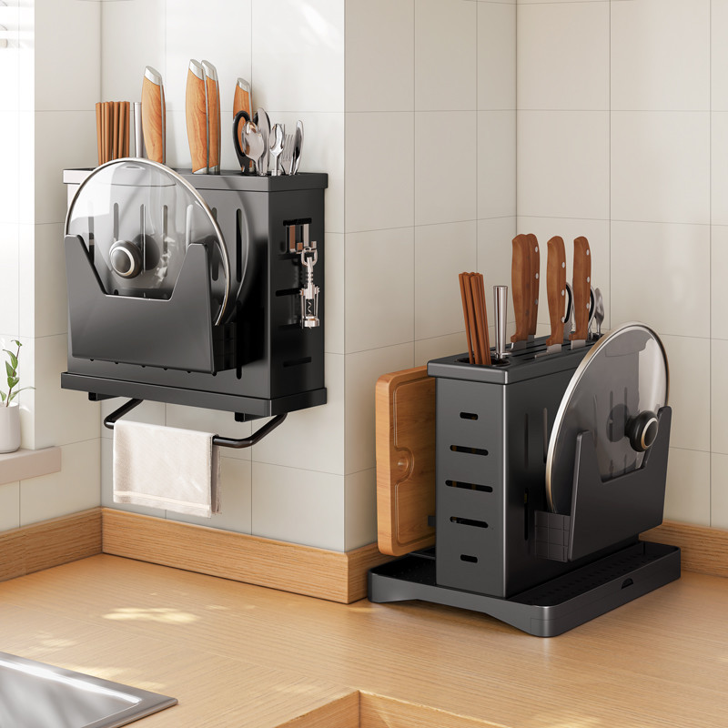 刀架2023新款置物架多功能厨房不锈钢菜板架锅盖架筷桶一体收纳盒