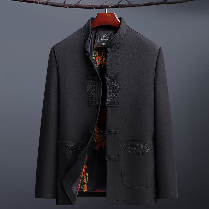 春秋季中c老年唐装外套男士爸爸休闲中式刺绣汉服夹克爷爷宽松秋