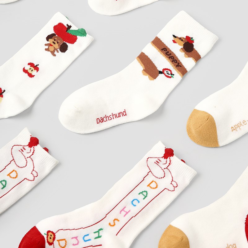 儿童袜子春秋款纯棉卡通小狗中筒袜男童女童春P季韩版潮宝宝无骨