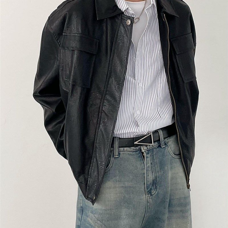 SF/秋冬韩版潮流复古擦色做y旧PU机车风皮衣外套男士宽松翻领夹克