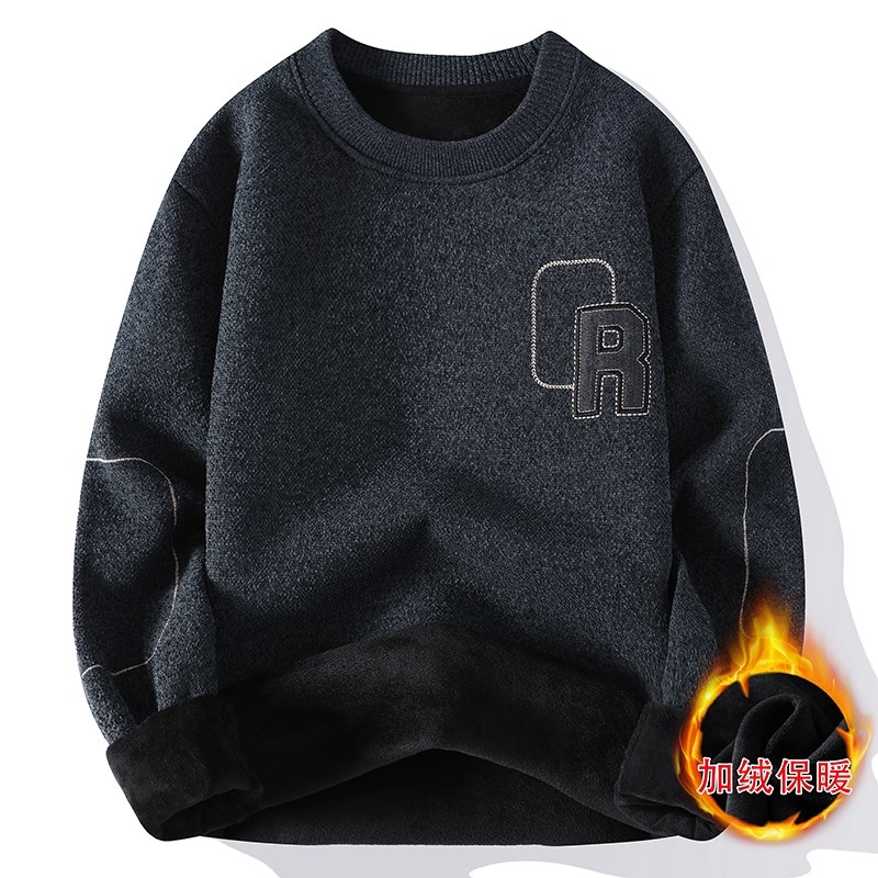冬季雪尼尔毛衣男装加绒加厚保暖上衣一体绒针织衫U圆领套头打底