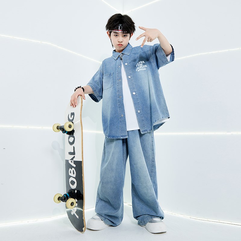街舞儿童潮d服演出服男童牛仔套装hiphop童装嘻哈走秀女架子鼓爵
