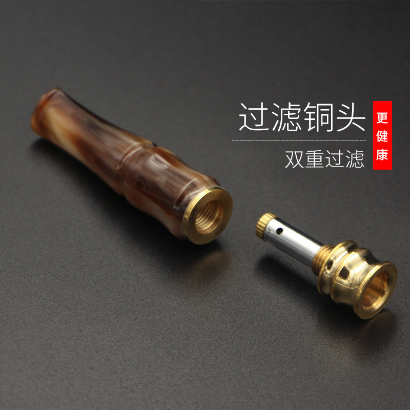 天然牦牛角烟嘴可清洗双重过滤拉杆型粗J细烟嘴送备用滤芯男士礼
