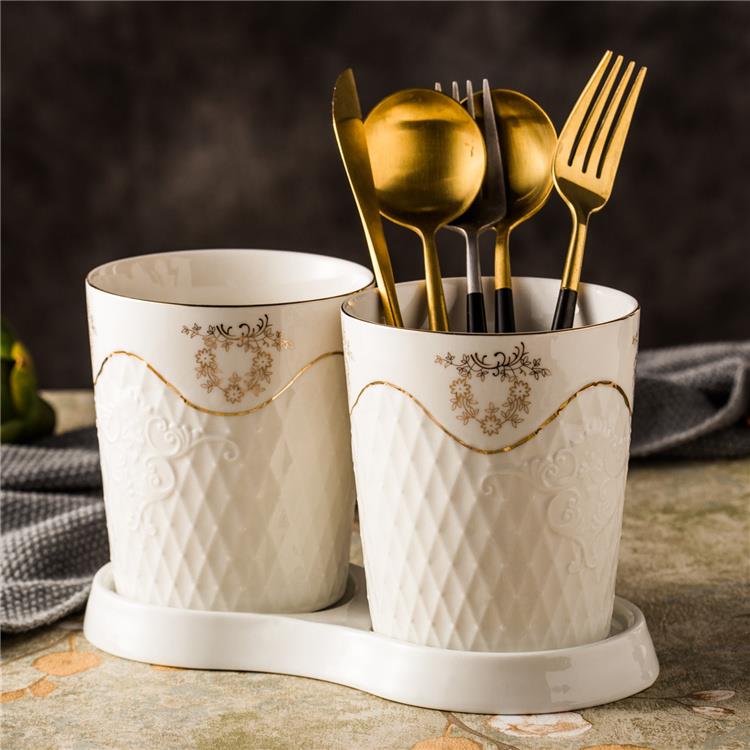 欧式陶瓷筷子筒 沥水筷笼架 餐具收纳盒 家用筷托 防霉双筒创意