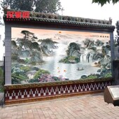 精选农村别墅自建房国画山水画瓷砖背景墙户外迎门墙壁画流水生财