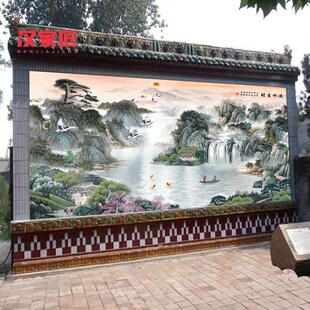 精选农村别墅自建房国画山水画瓷砖背景墙户外迎门墙壁画流水生财