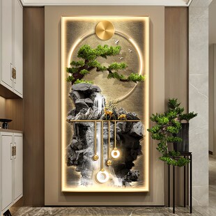 轻奢迎客松玄关装 饰画入户走廊尽头挂画流水生财带灯发光过道壁画