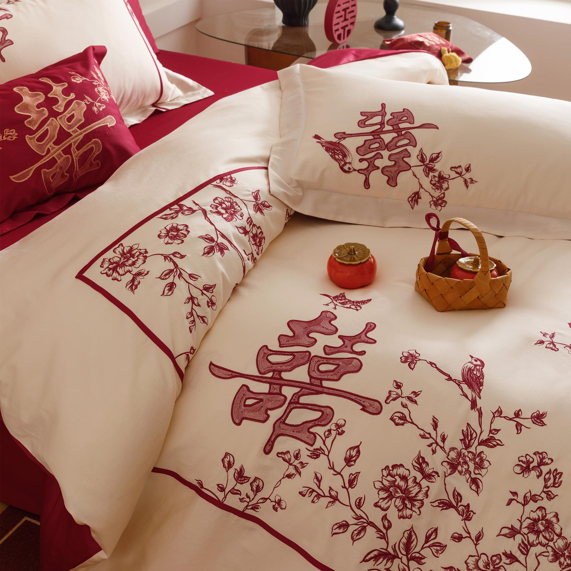 东方喜事简约新中式婚庆四件组全棉喜鹊刺绣红色喜字结婚被套床单
