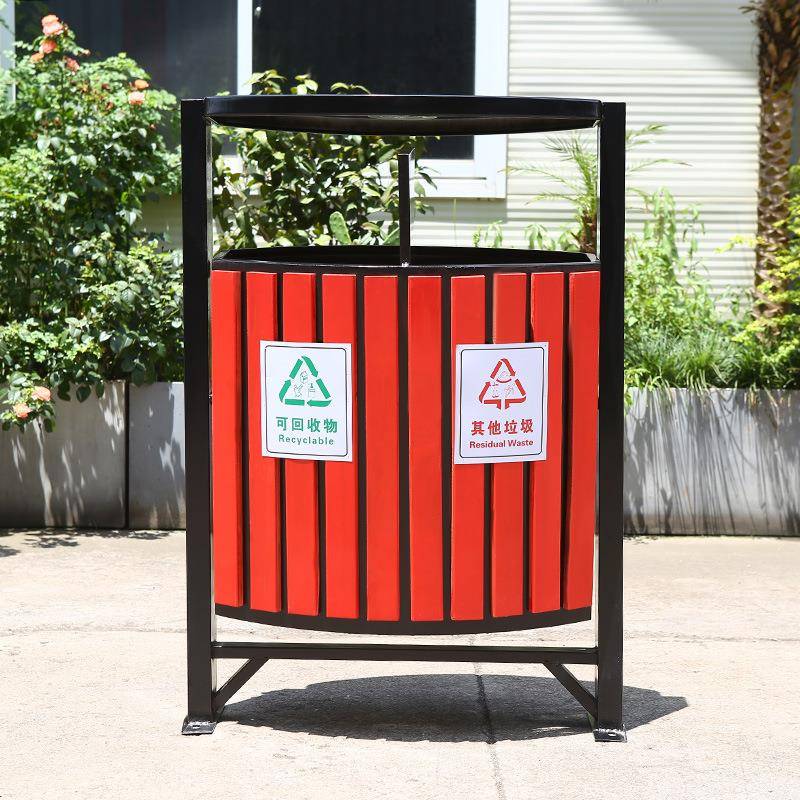 钢木双桶果皮箱户外不锈钢二分类垃圾桶公园街道公共带烟缸垃圾箱