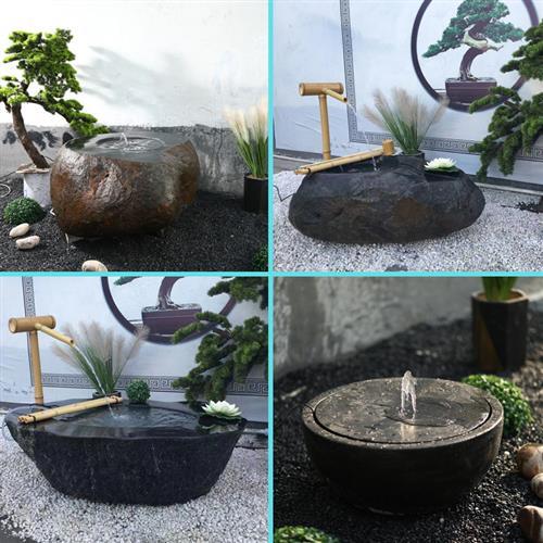 黑山石水钵流水日式景观石钵涌泉摆件室内外水池花园水槽石盆造景