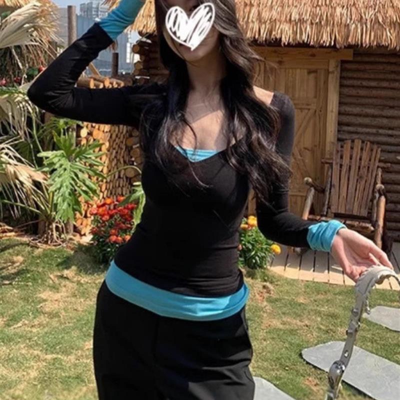 E25 美式V领撞色设计感假两件T恤女早春新款辣妹气质百搭外穿上衣
