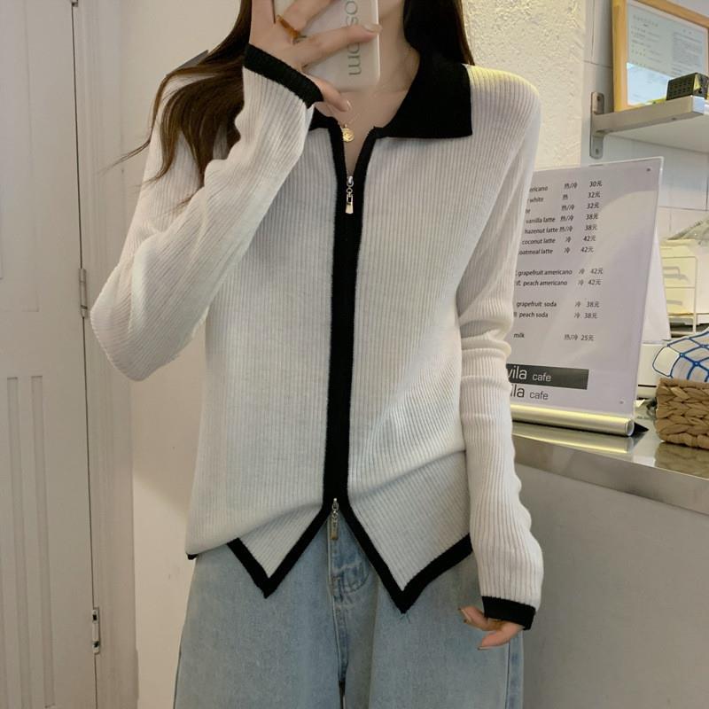 2025秋季新款POLO领针织开衫上衣女装设计感撞色修身显瘦拉链毛衣