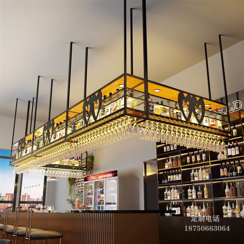 吧台吊架酒架酒柜吊柜置物架悬挂式酒吧餐厅吊挂工业风铁艺吊杯架