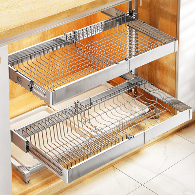 不锈钢拉篮厨房放碗盘抽屉式置物架橱柜内碗架双层沥水碗碟收纳架