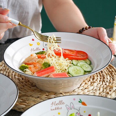 新款日式8寸面汤碗大号家用拉面碗陶瓷大碗斗笠喇叭碗卡通面条碗