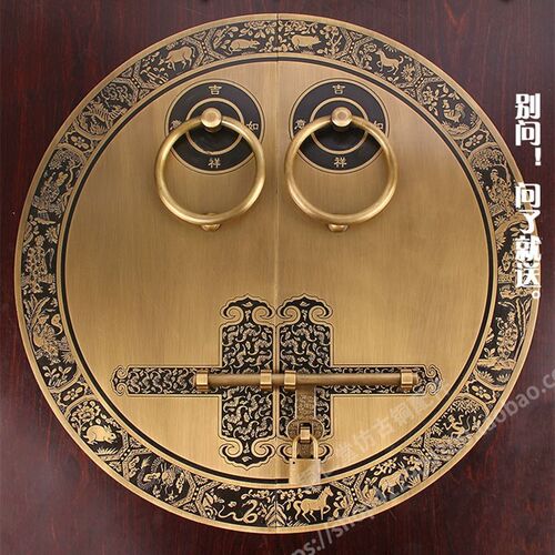 仿古大门纯铜门环拉手中式木门门栓铜插销把手明装搭扣锁圆形门锁