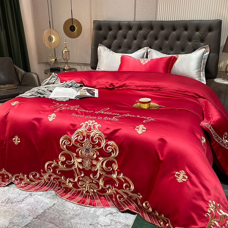 婚庆四件套冰丝结婚大红新婚喜庆婚嫁刺绣陪嫁床上用品1.8m床夏天