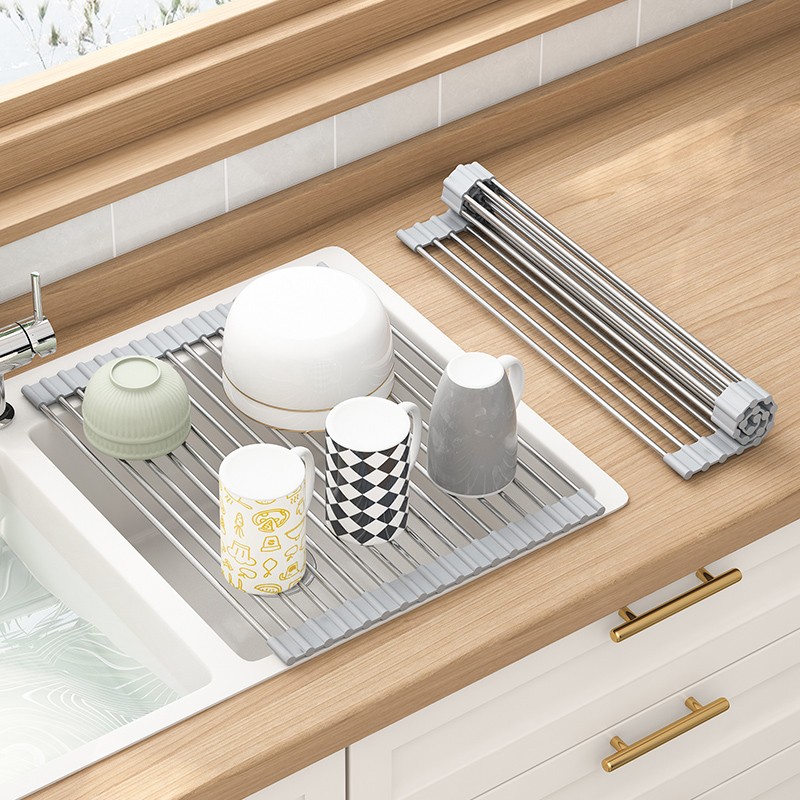 不锈钢厨房水槽置物架沥水卷帘台面水池可折叠硅胶洗菜碗碟收纳架