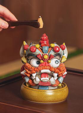 景禧造广东国潮醒狮摆件手工陶瓷茶宠茶桌摆件倒流香香炉开 业礼