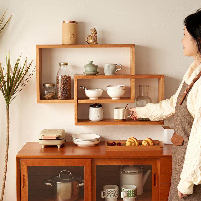 樱桃木实木墙上置物架客厅壁挂吊柜书柜壁柜收纳柜收纳层架格架酒